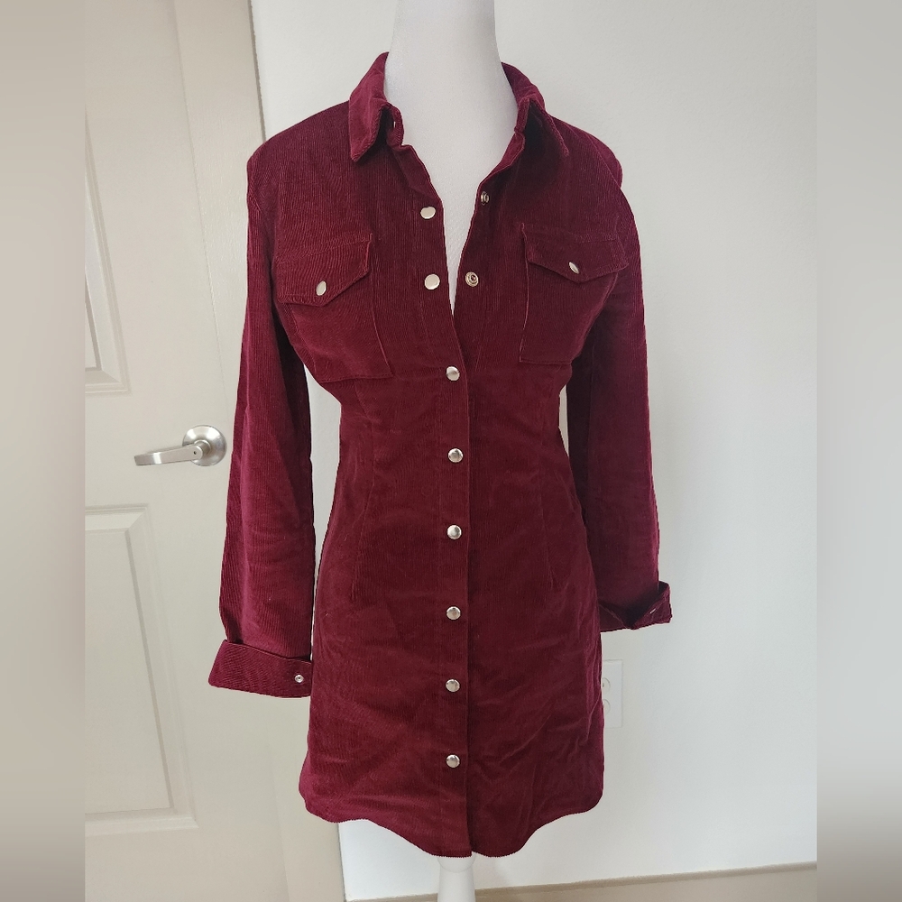 Liphop Maroon Corduory Button Up Dress